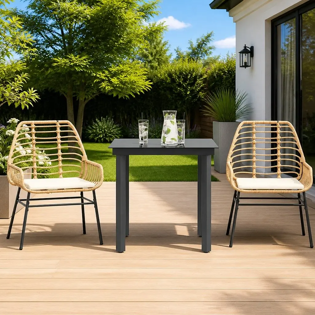 Garden Dining Set 3 Piece Brown Poly Rattan Outdoor Furniture Glass Top Table