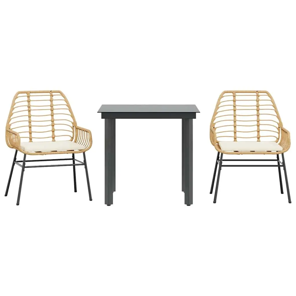 Garden Dining Set 3 Piece Brown Poly Rattan Outdoor Furniture Glass Top Table