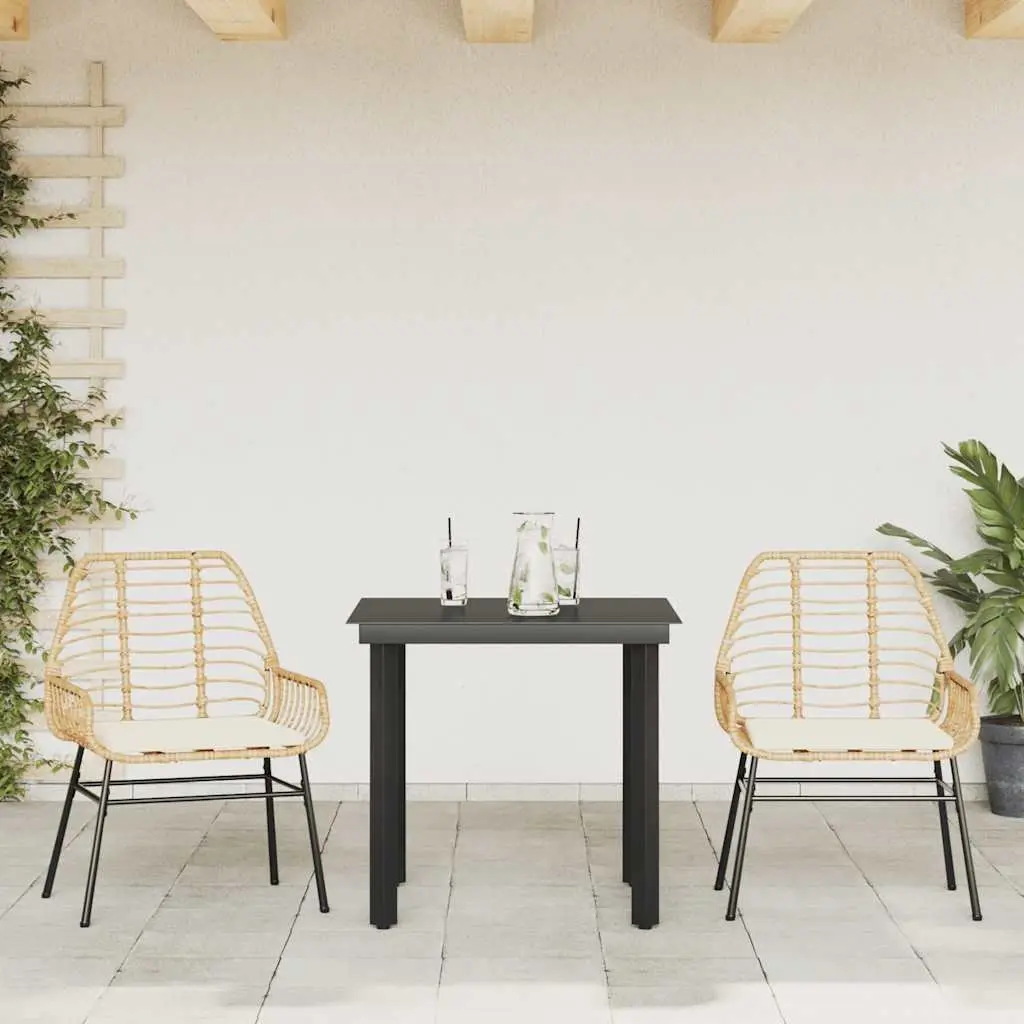 Garden Dining Set 3 Piece Brown Poly Rattan Outdoor Furniture Glass Top Table