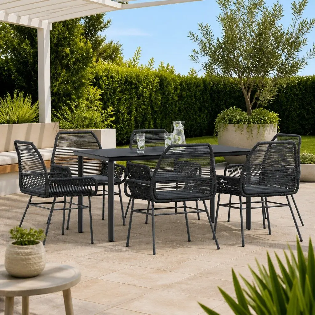 7 Piece Garden Dining Set Outdoor Furniture Black Poly Rattan Glass Table