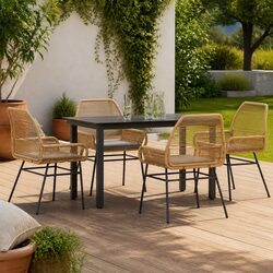 5 Piece Garden Dining Set with Cushions Brown Poly Rattan Glass Outdoor Patio
