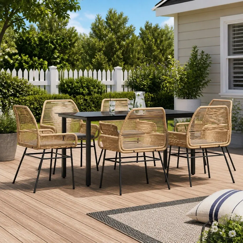 7 Piece Garden Dining Set Poly Rattan Brown Glass Table and Chairs