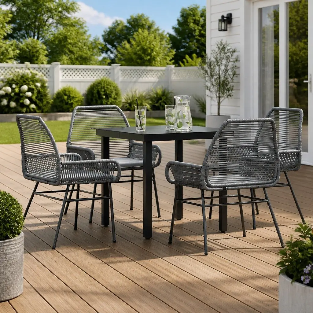 5 Piece Garden Dining Set Grey Poly Rattan Outdoor Furniture Patio Chairs Table