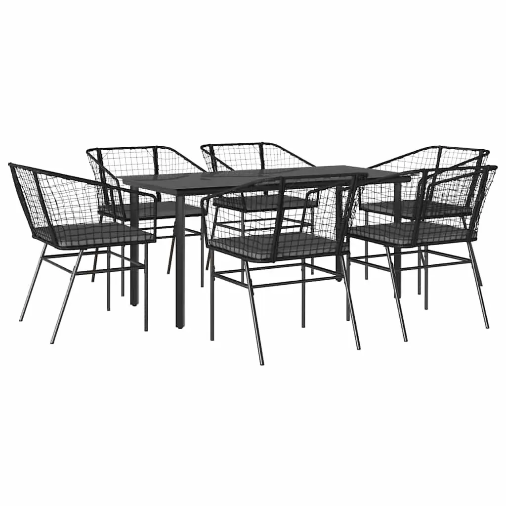 7 Piece Garden Dining Set Poly Rattan Glass Table Outdoor Patio Furniture Black