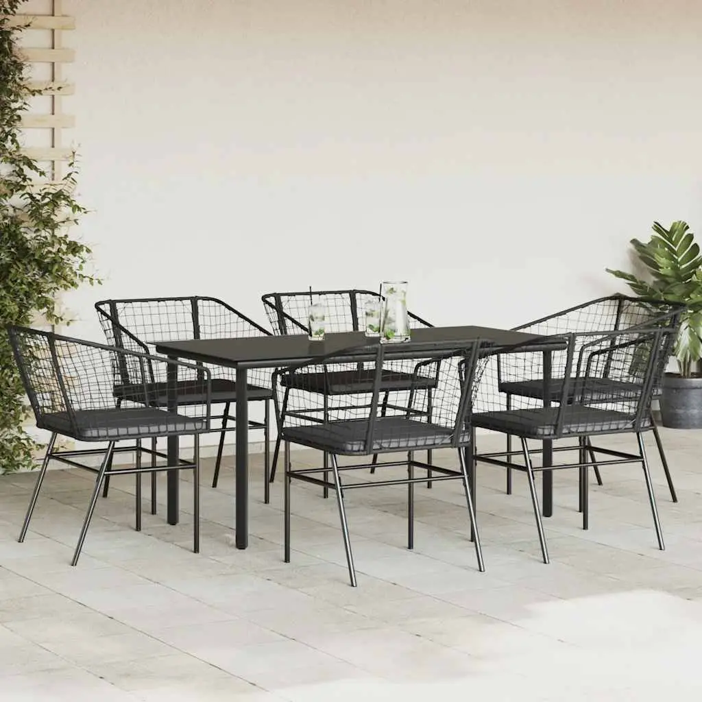 7 Piece Garden Dining Set Poly Rattan Glass Table Outdoor Patio Furniture Black