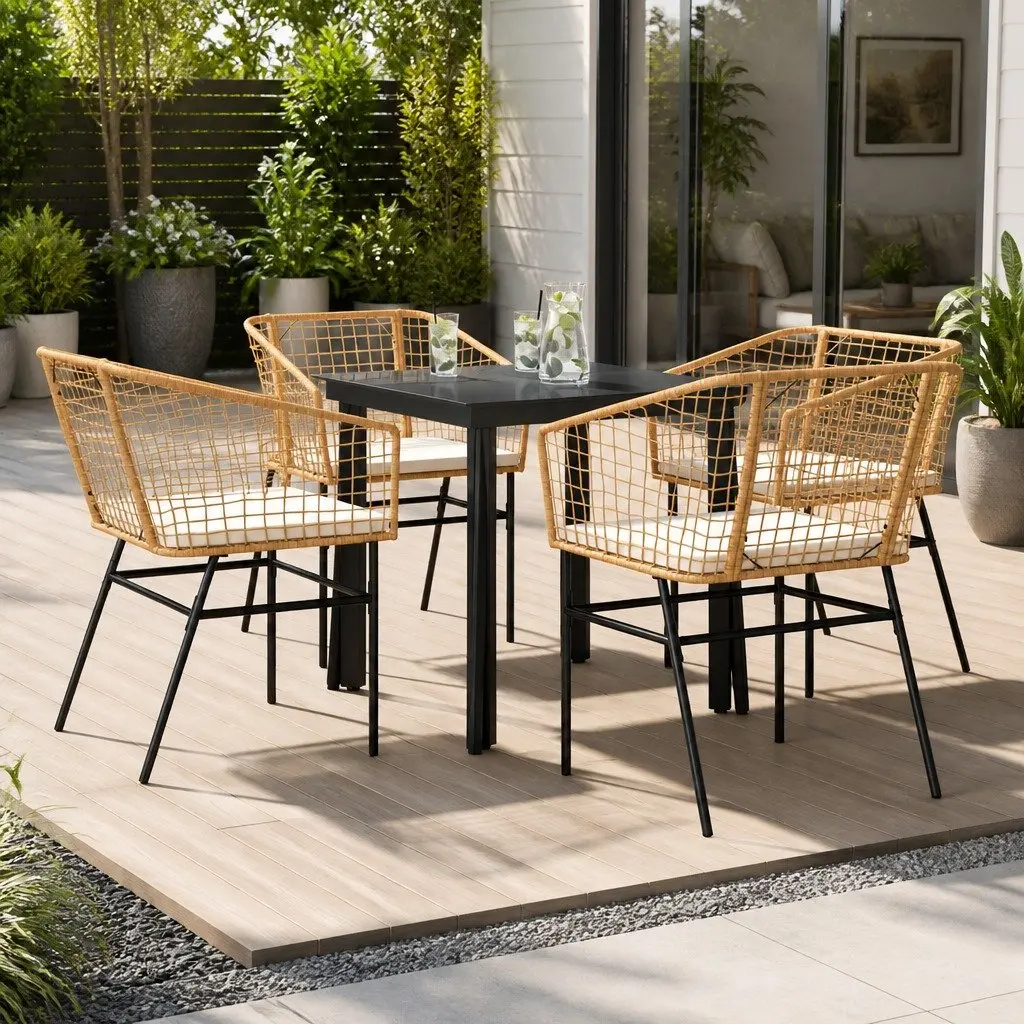 5 Piece Garden Dining Set Brown Poly Rattan Glass Top Outdoor Patio Furniture