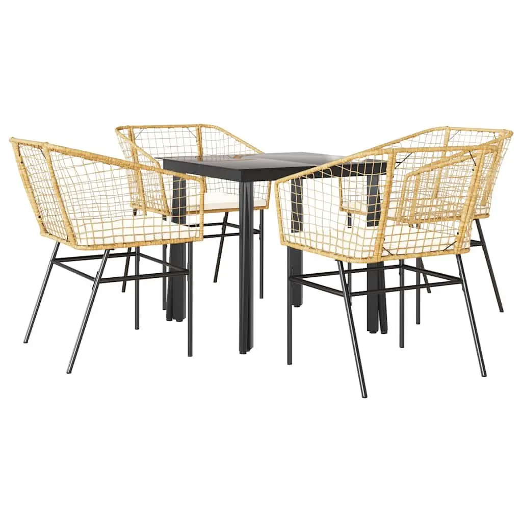 5 Piece Garden Dining Set Brown Poly Rattan Glass Top Outdoor Patio Furniture