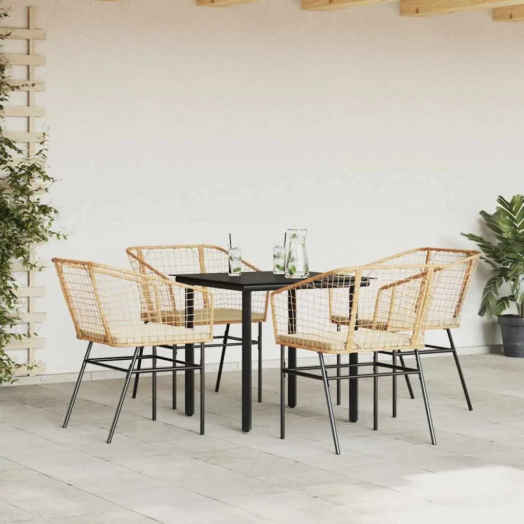 5 Piece Garden Dining Set Brown Poly Rattan Glass Top Outdoor Patio Furniture