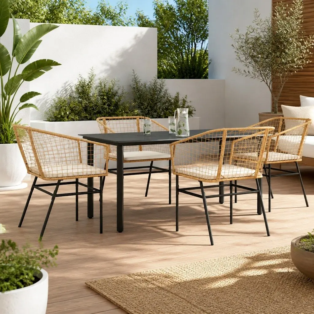 5 Piece Garden Dining Set Outdoor Furniture Brown Poly Rattan Glass Patio Table
