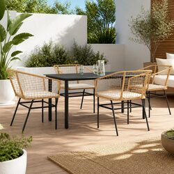 5 Piece Garden Dining Set Outdoor Furniture Brown Poly Rattan Glass Patio Table