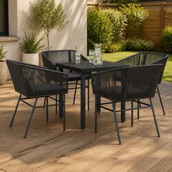 5 Piece Garden Dining Set Black Poly Rattan Glass Table Outdoor Furniture