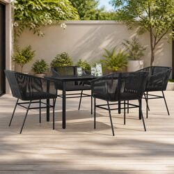 5 Piece Garden Dining Set Black Poly Rattan Glass Tabletop Outdoor Patio