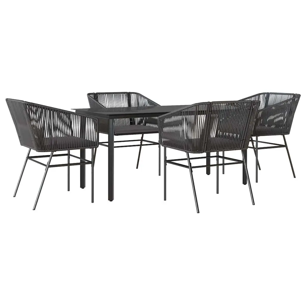 5 Piece Garden Dining Set Black Poly Rattan Glass Tabletop Outdoor Patio