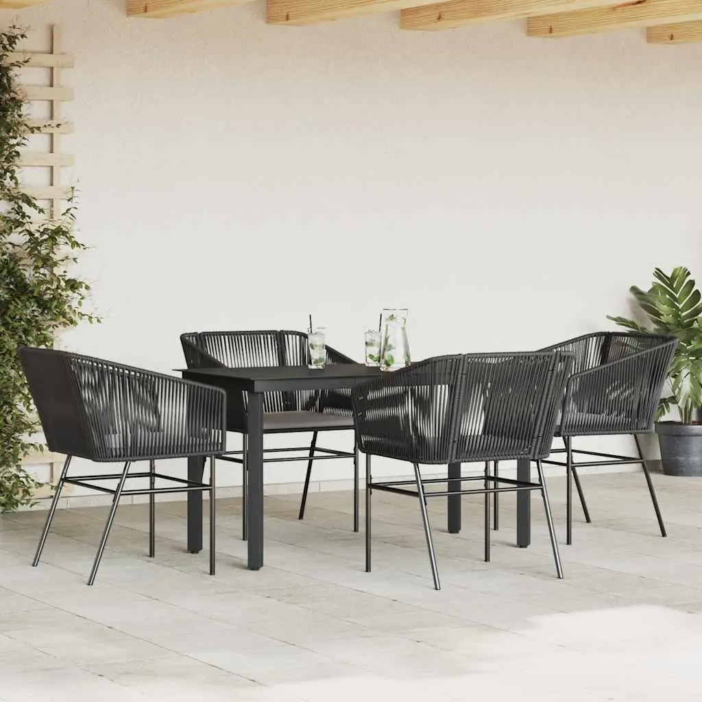 5 Piece Garden Dining Set Black Poly Rattan Glass Tabletop Outdoor Patio