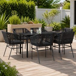 7 Piece Garden Dining Set Poly Rattan Glass Table Outdoor Patio Furniture Black