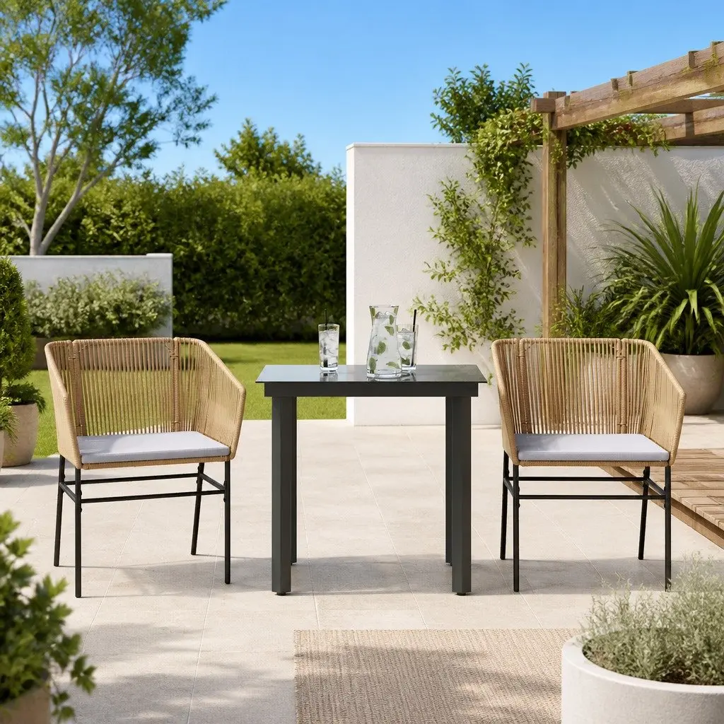 Garden Dining Set 3 Piece Brown Poly Rattan Outdoor Furniture Patio Table Chairs
