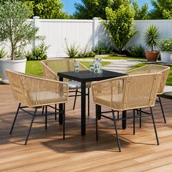 Garden Dining Set 5 Piece Brown Poly Rattan Outdoor Furniture with Glass Table