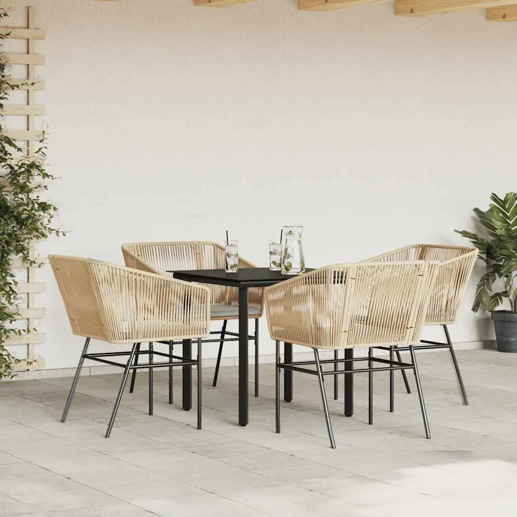 Garden Dining Set 5 Piece Brown Poly Rattan Outdoor Furniture with Glass Table