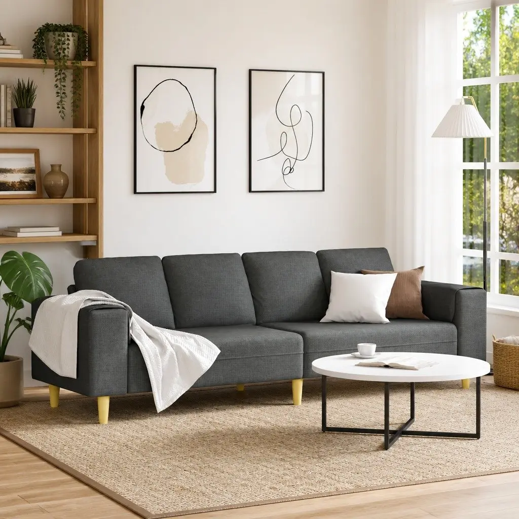 Sofa Modern Living Room Couch Dark Grey Polyester 250cm