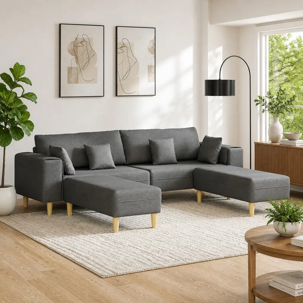 Sofa Modern Grey Fabric 3-Piece Set with Cushions