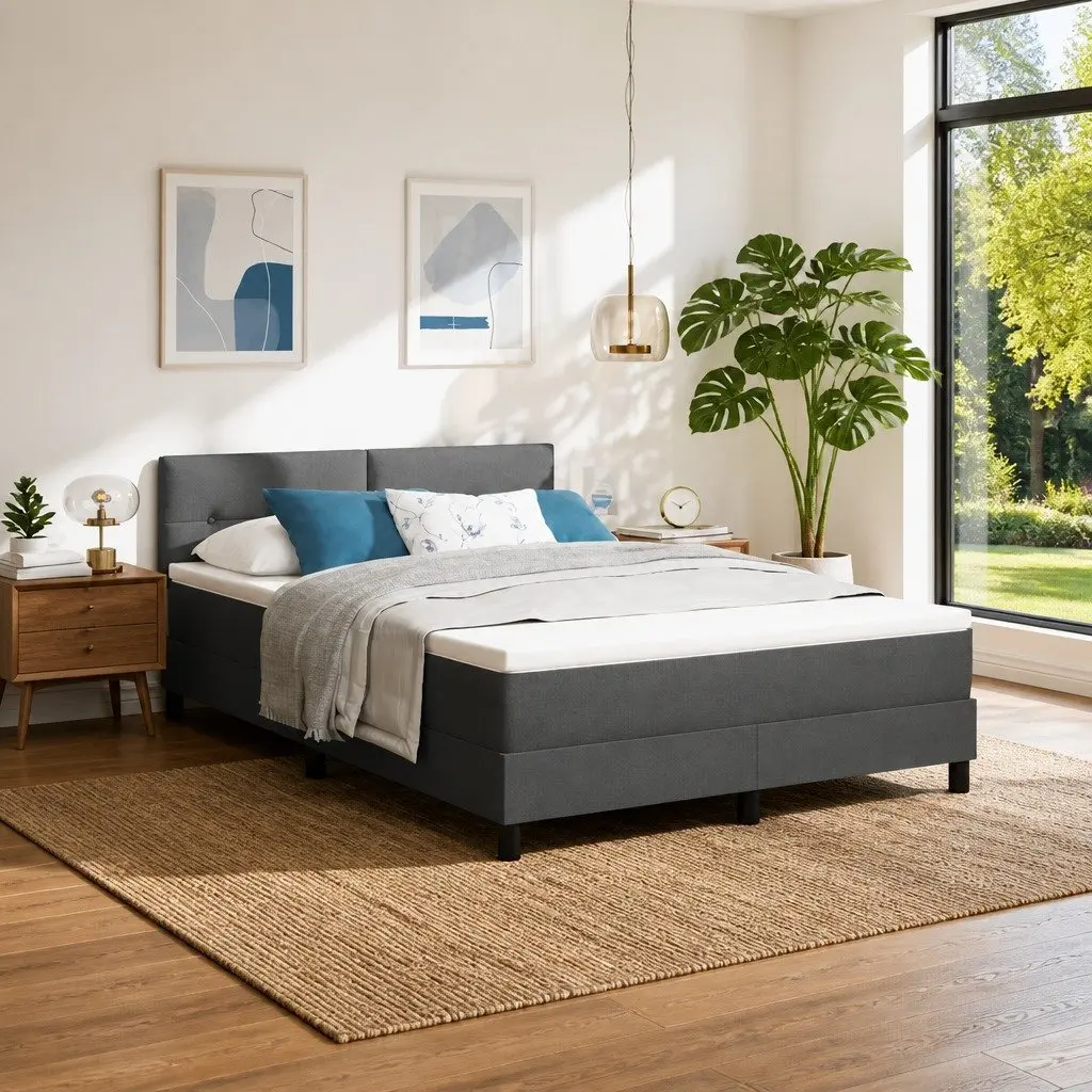 Box Spring Bed Dark Grey White Fabric 152 x 203 cm Modern Bedroom Adjustable