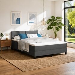 Box Spring Bed Dark Grey White Fabric 152 x 203 cm Modern Bedroom Adjustable