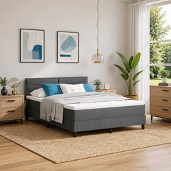 Box Spring Bed Dark Grey White Fabric 152x203cm Adjustable Headboard LED Lights