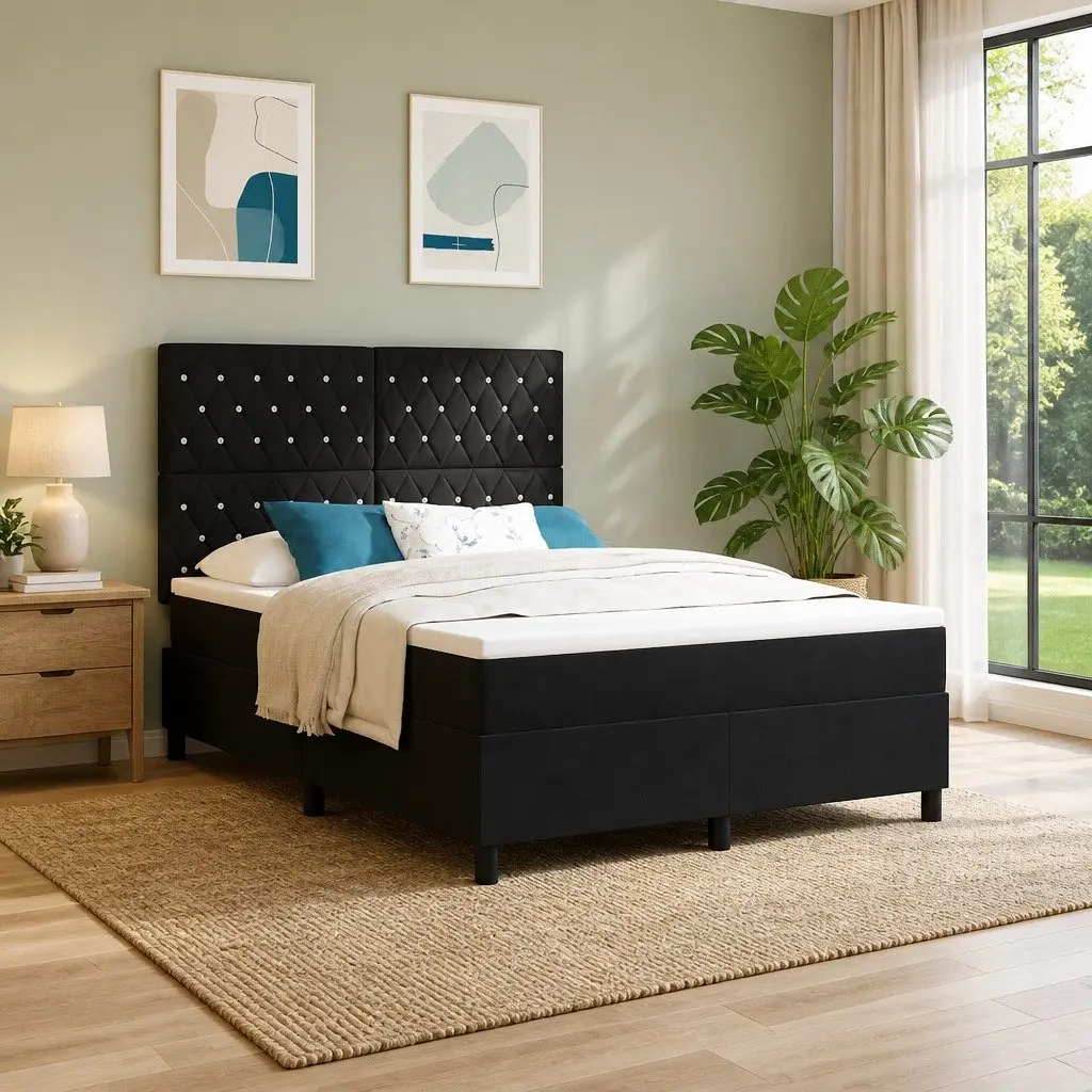 Box Spring Bed Adjustable Headboard 152 x 203 cm Black Velvet with RGB LED Lights