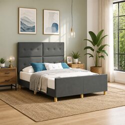 Bed Frame Grey 150 x 200 cm Fabric Headboard Adjustable Height Modern Bedroom