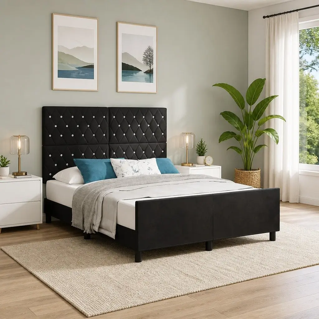Bed Frame Black Velvet Upholstered Adjustable Headboard 152 x 203 cm Modern Bedroom