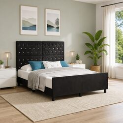 Bed Frame with Headboard Black 152 x 203 cm Velvet Upholstered Modern Bedroom
