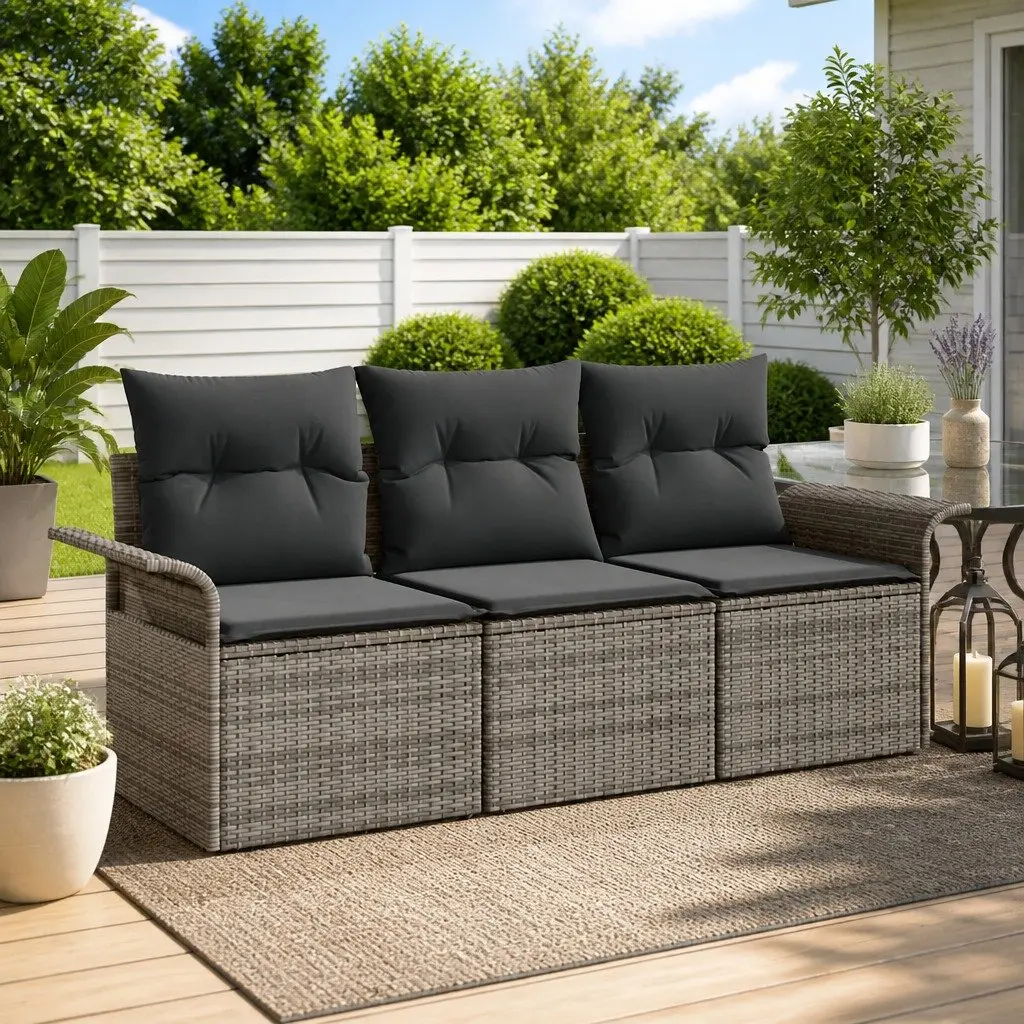 Outdoor Sofa Set 3 Pieces Grey Poly Rattan Garden Furniture Modular Seating