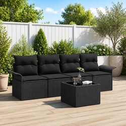 Outdoor Sofa Set 5 pcs Modular Garden Furniture Black Poly Rattan with Cushions