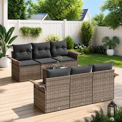 Garden Sofa Set 7 pcs Grey Poly Rattan Contemporary Outdoor Furniture Modular
