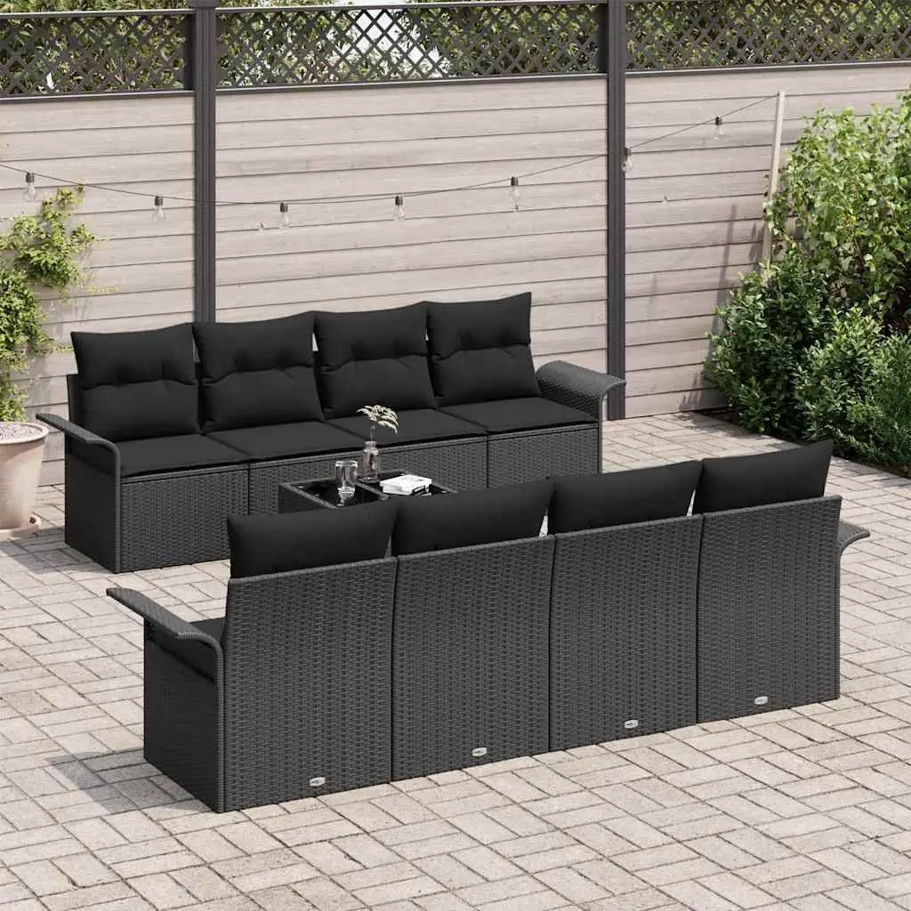 Garden Sofa Set 9 Pieces Black Poly Rattan Outdoor Furniture with Cushions
