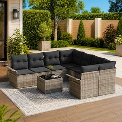Garden Sofa Set Outdoor Furniture 9 Piece Grey Poly Rattan Modular Seating