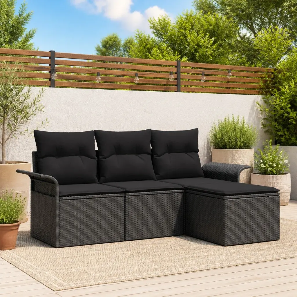 Outdoor Sofa Set 4-Piece Garden Seating Poly Rattan Black with Cushions Patio