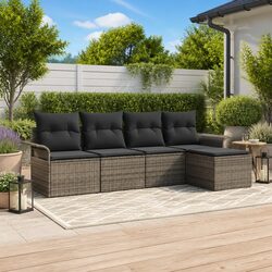 Outdoor Sofa Set 5 Pieces Grey Poly Rattan Garden Furniture with Cushions