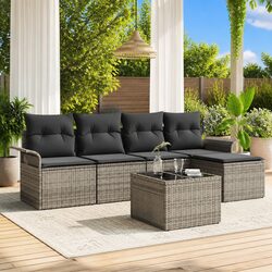 Outdoor Sofa Set 6 Pieces Grey Poly Rattan Garden Furniture with Cushions