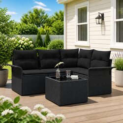 Outdoor Garden Sofa Set 5 Piece Black Poly Rattan Patio Furniture with Glass
