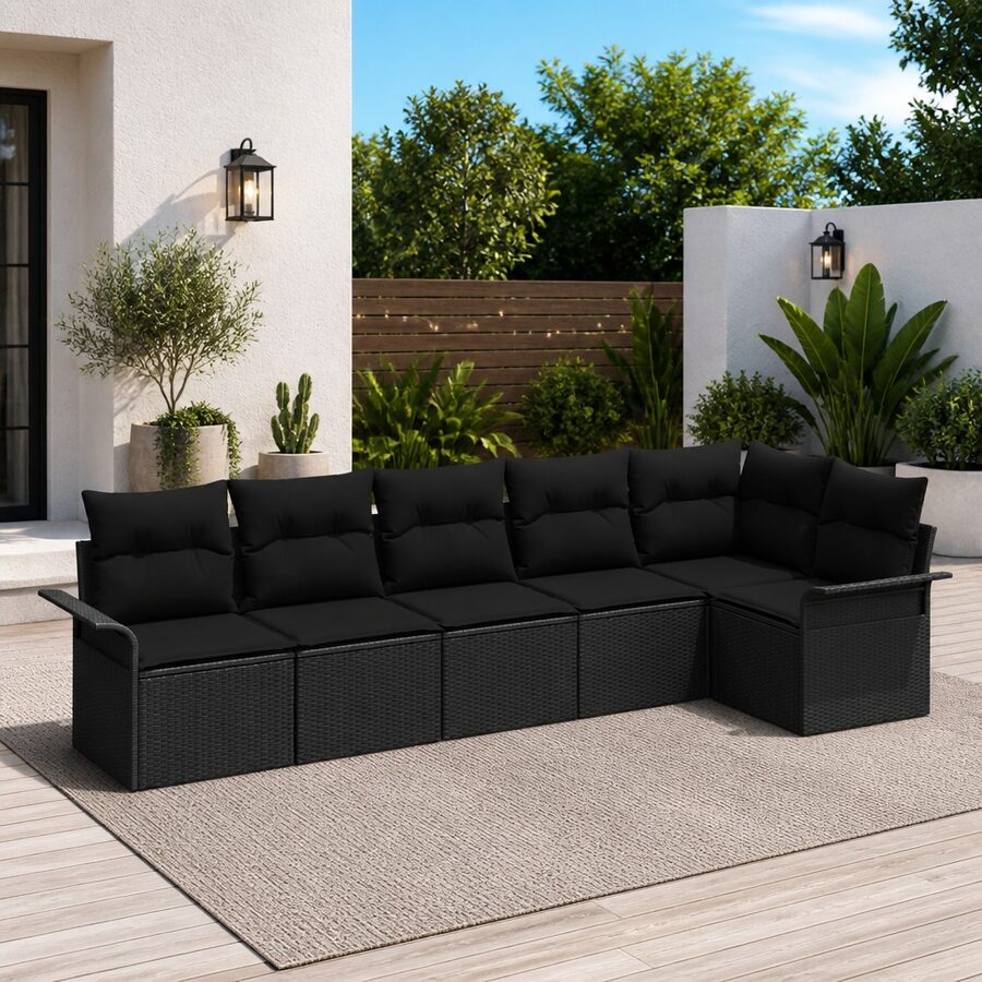 Garden Sofa Set 6 Pieces Black Poly Rattan Outdoor Furniture with Cushions