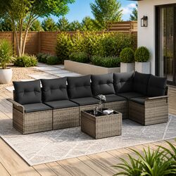 Garden Sofa Set 7 Pieces Grey Poly Rattan Outdoor Furniture Patio Sectional