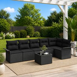 Outdoor Garden Sofa Set 7 Piece Patio Furniture Poly Rattan Black with Cushions