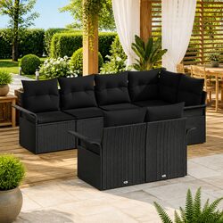 7 Piece Outdoor Garden Sofa Set Black Poly Rattan Patio Furniture with Cushions