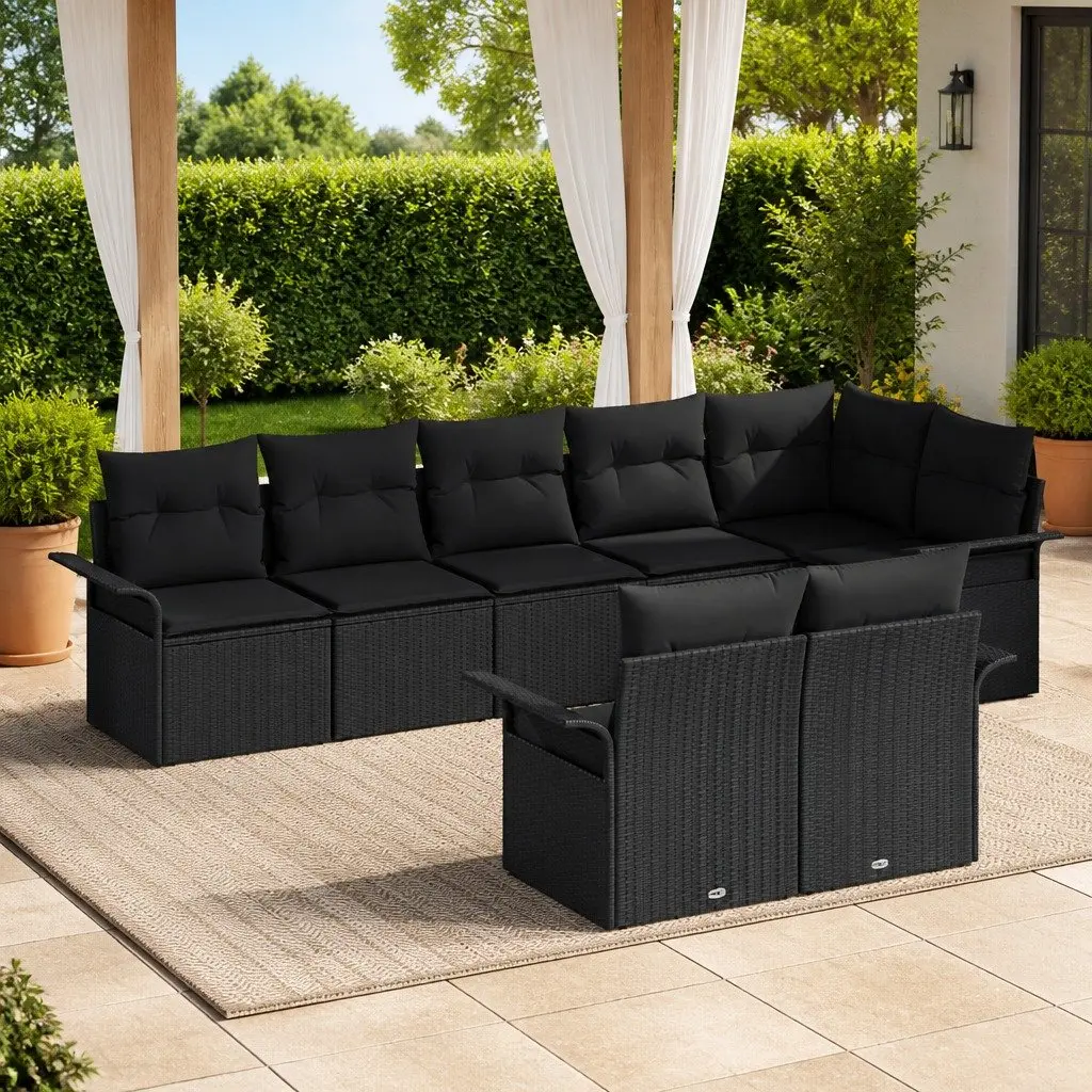 Garden Sofa Set 8 Piece Black Poly Rattan Outdoor Furniture with Cushions