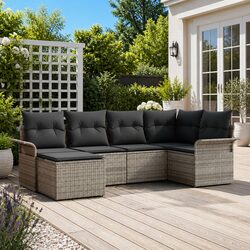 Grey Poly Rattan Garden Sofa Set 6 Piece Modular Outdoor Furniture with Storage