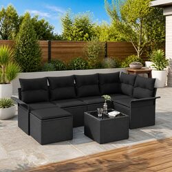 Garden Sofa Set 7 Piece Outdoor Furniture Black Poly Rattan Modular with Storage
