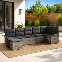 Garden Sofa Set 7 Pieces Grey Poly Rattan Outdoor Furniture with Cushions