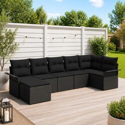 Garden Sofa Set 7 Pieces Outdoor Furniture Black Poly Rattan with Cushion