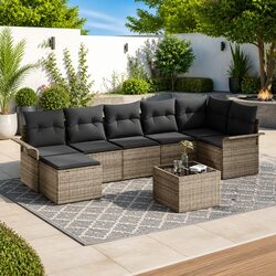Garden Sofa Set 8 Pieces Grey Poly Rattan Outdoor Furniture with Cushions